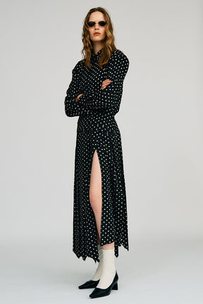 Asymmetrical Pleated Dot Dress - 2026AUTUMN