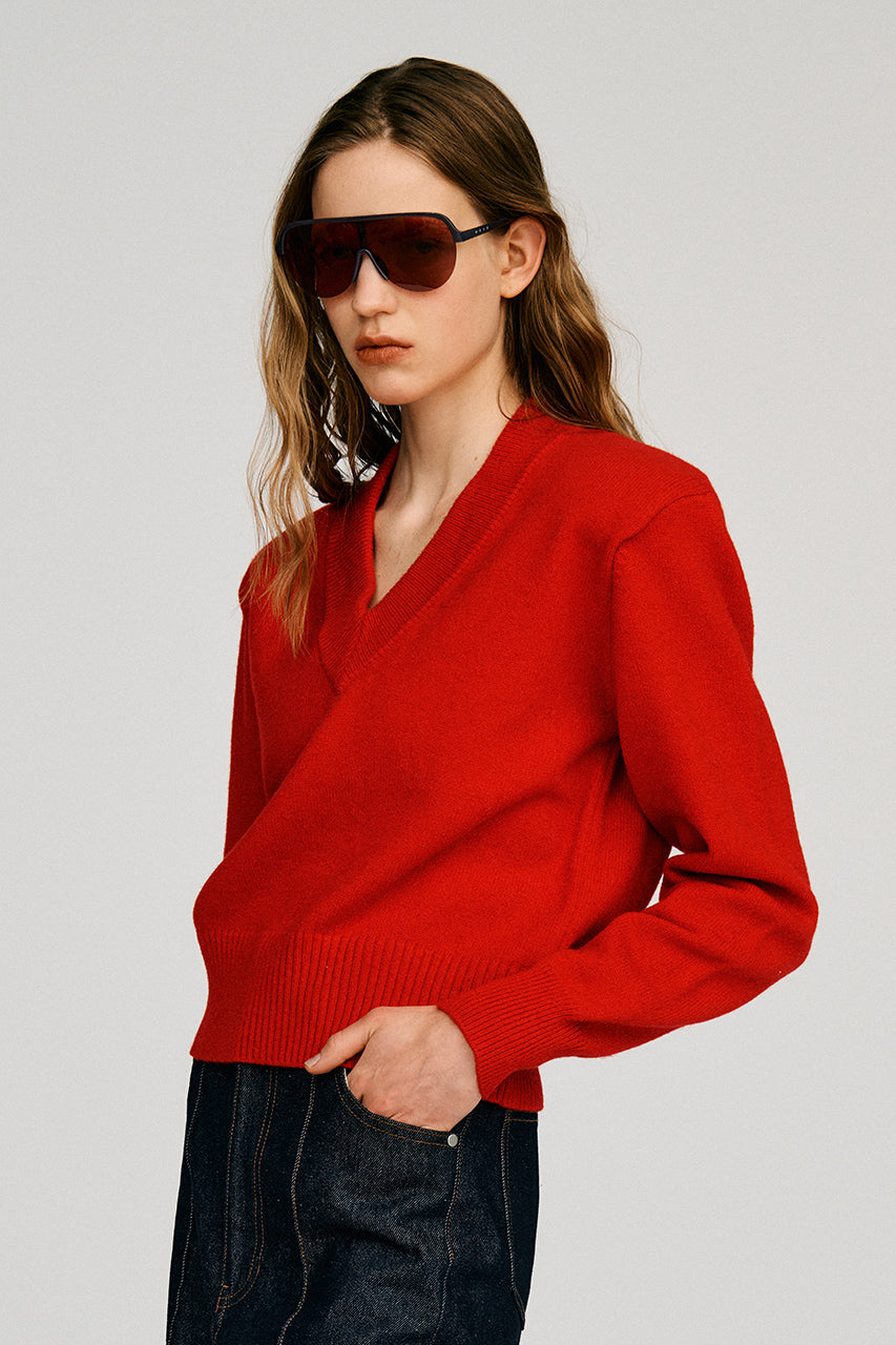 Pure Wool V-Neck Shoulder Knit - 2026AUTUMN