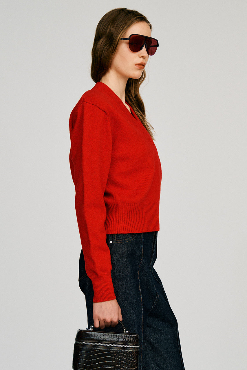 Pure Wool V-Neck Shoulder Knit - 2026AUTUMN