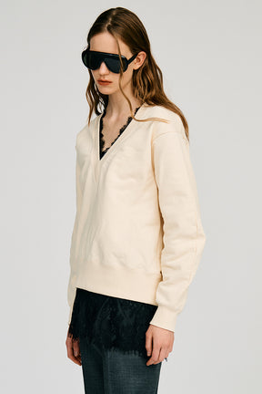 V-Neck Lace Sweatshirt - 2026AUTUMN