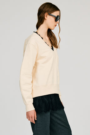 V-Neck Lace Sweatshirt - 2026AUTUMN