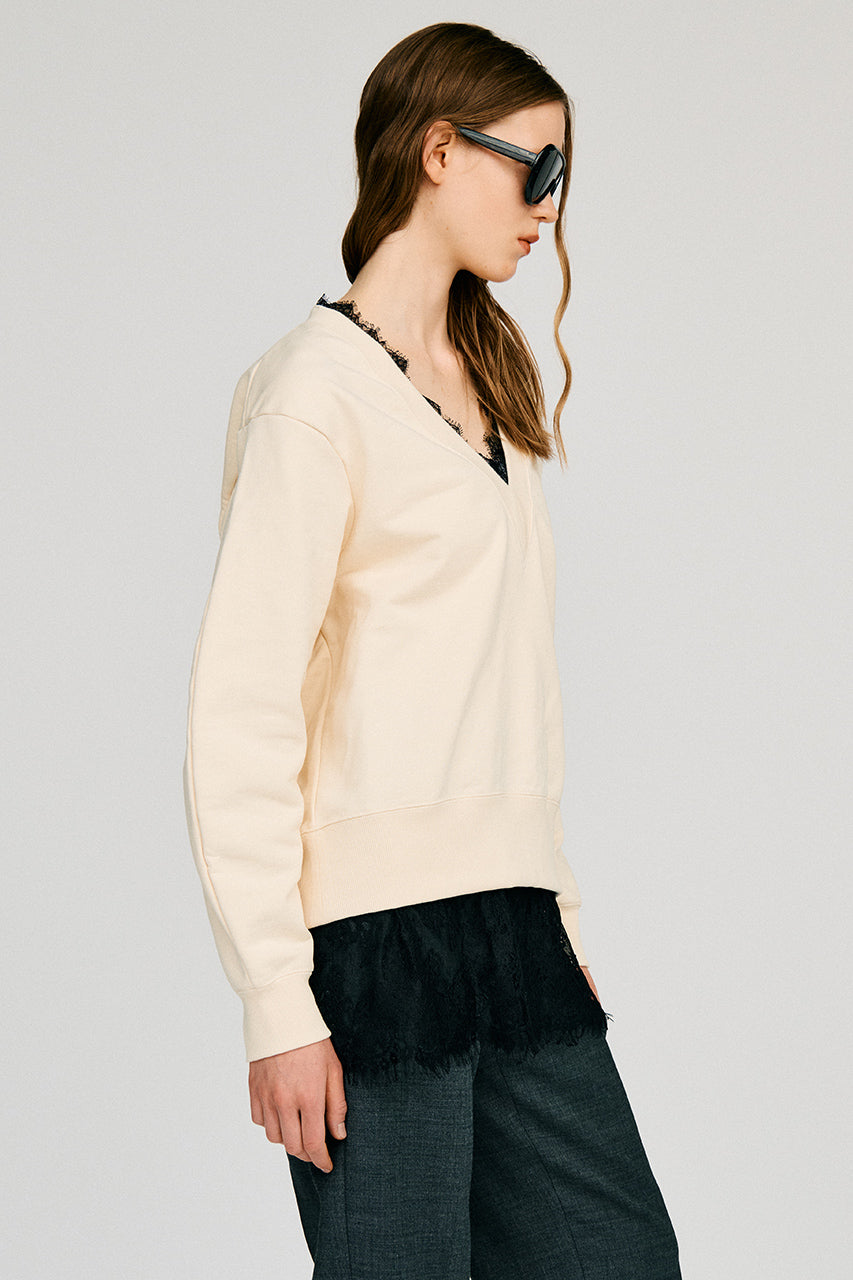 V-Neck Lace Sweatshirt - 2026AUTUMN