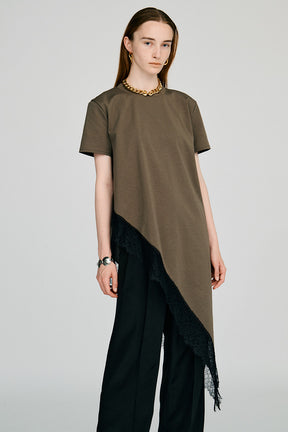 Asymmetric Lace Hem T-Shirt - 2026AUTUMN