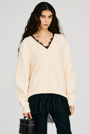 V-Neck Lace Sweatshirt - 2026AUTUMN