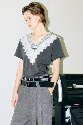 V-Neck Lace T-Shirt - 26SUMMER 2nd