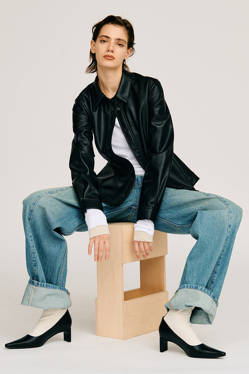 Faux Leather Peplum Shirt - 2026AUTUMN