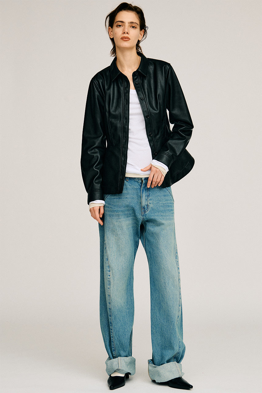 Faux Leather Peplum Shirt - 2026AUTUMN