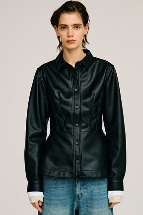 Faux Leather Peplum Shirt - 2026AUTUMN