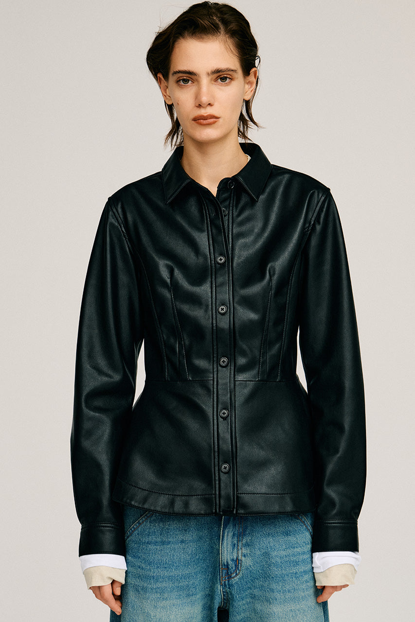 Faux Leather Peplum Shirt - 2026AUTUMN