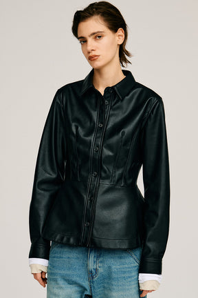 Faux Leather Peplum Shirt - 2026AUTUMN