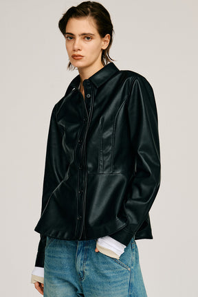 Faux Leather Peplum Shirt - 2026AUTUMN
