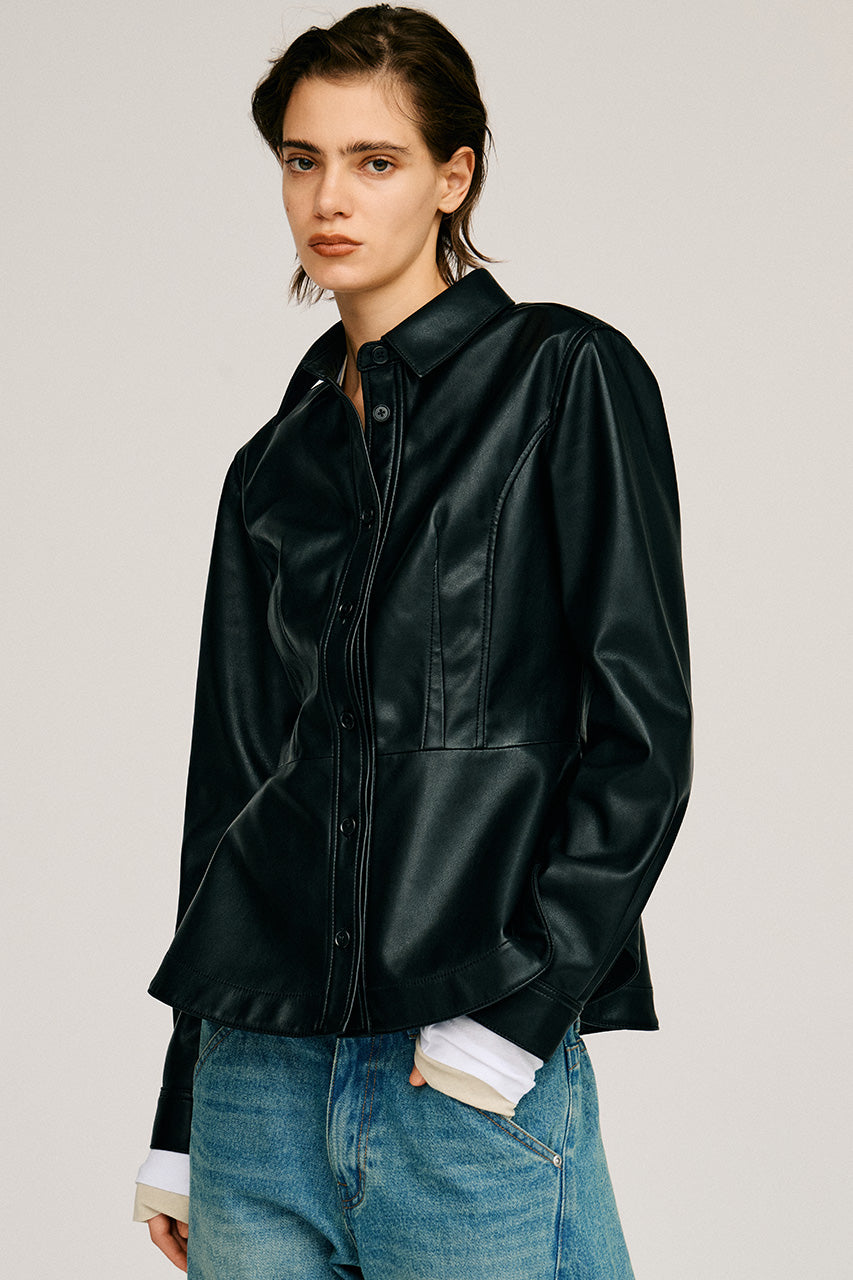 Faux Leather Peplum Shirt - 2026AUTUMN