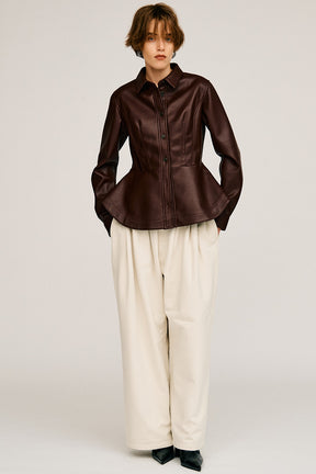 Faux Leather Peplum Shirt - 2026AUTUMN