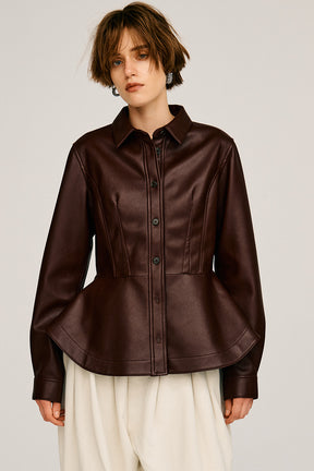 Faux Leather Peplum Shirt - 2026AUTUMN