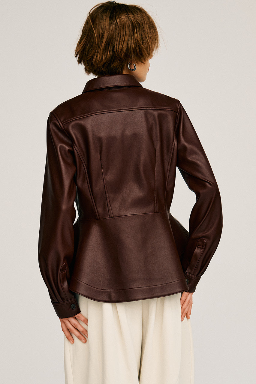 Faux Leather Peplum Shirt - 2026AUTUMN