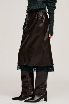 Layered Hem Synthetic Leather Skirt - 2026AUTUMN