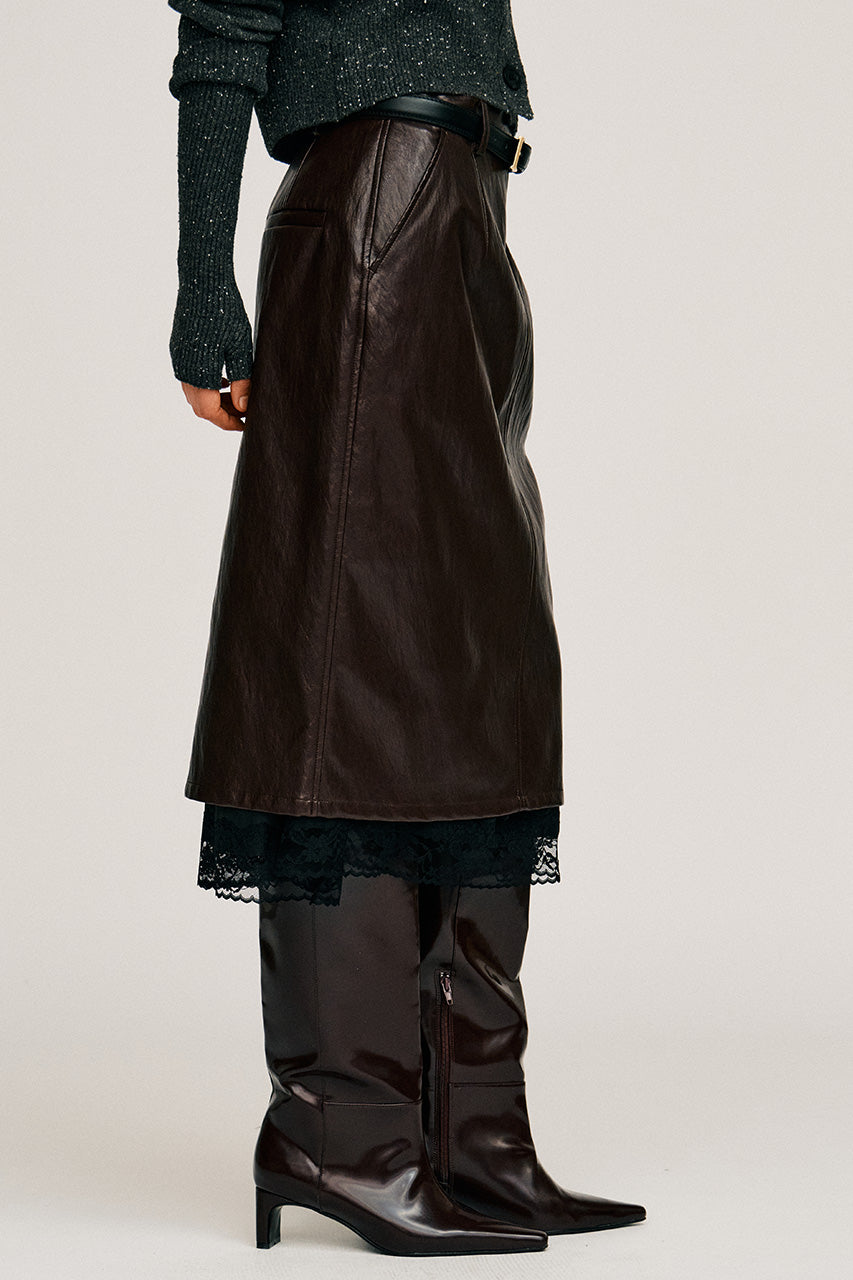 Layered Hem Synthetic Leather Skirt - 2026AUTUMN