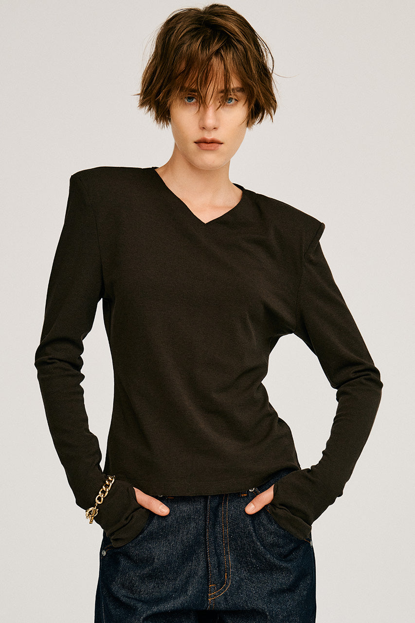 Wool Blend Shoulder Pad V-Neck Top - 2026AUTUMN