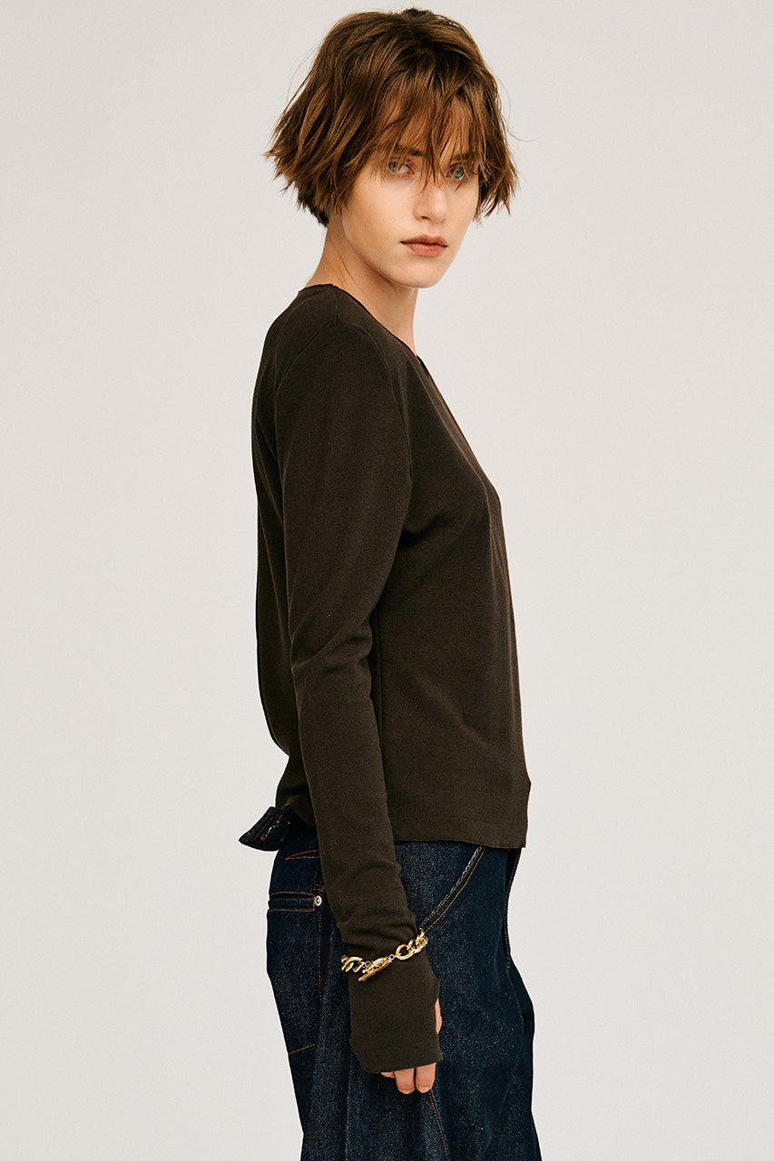 Wool Blend Shoulder Pad V-Neck Top - 2026AUTUMN