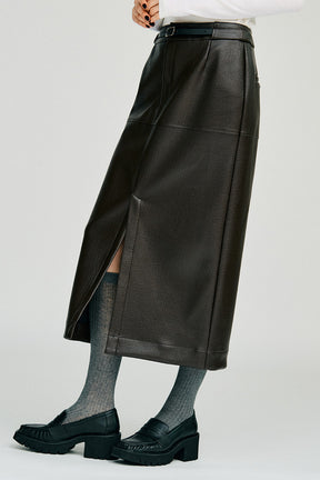 Belt Combo Fake Leather Maxi Skirt - 2026WINTER