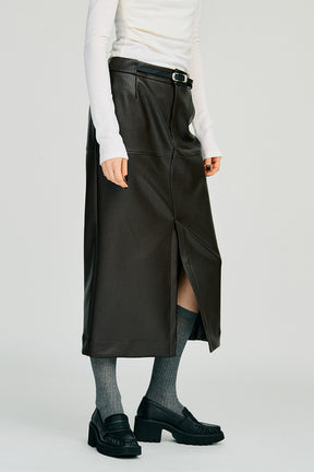 Belt Combo Fake Leather Maxi Skirt - 2026WINTER