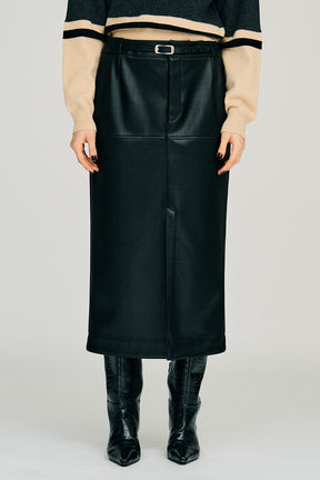 Belt Combo Fake Leather Maxi Skirt - 2026WINTER