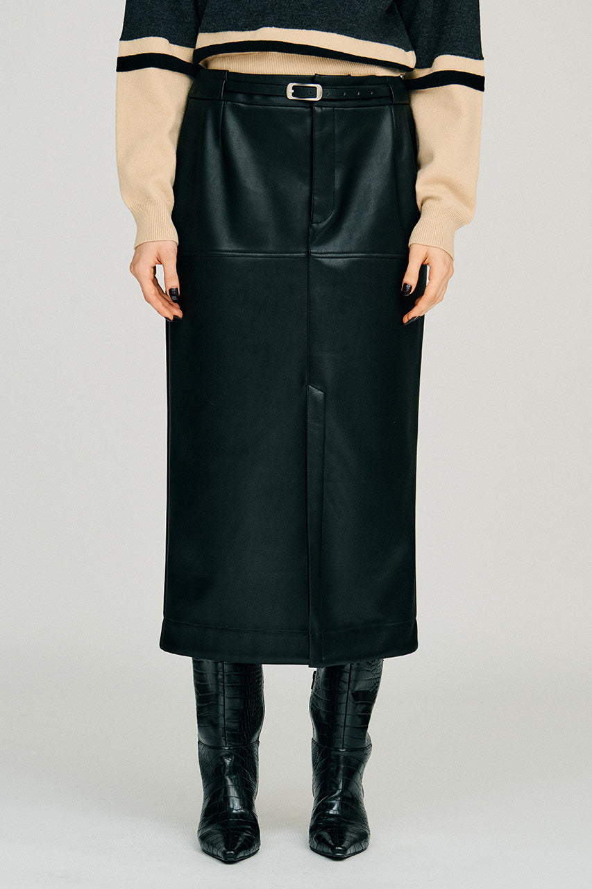 Belt Combo Fake Leather Maxi Skirt - 2026WINTER