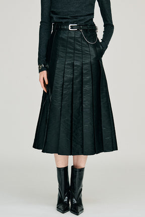 Synthetic Leather Pleated Skirt - 2026WINTER