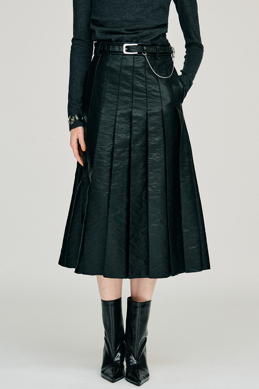 Synthetic Leather Pleated Skirt - 2026WINTER