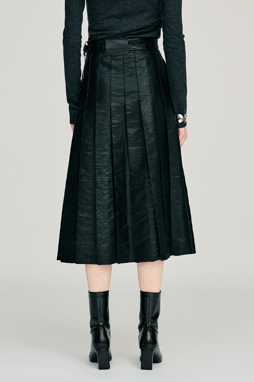 Synthetic Leather Pleated Skirt - 2026WINTER