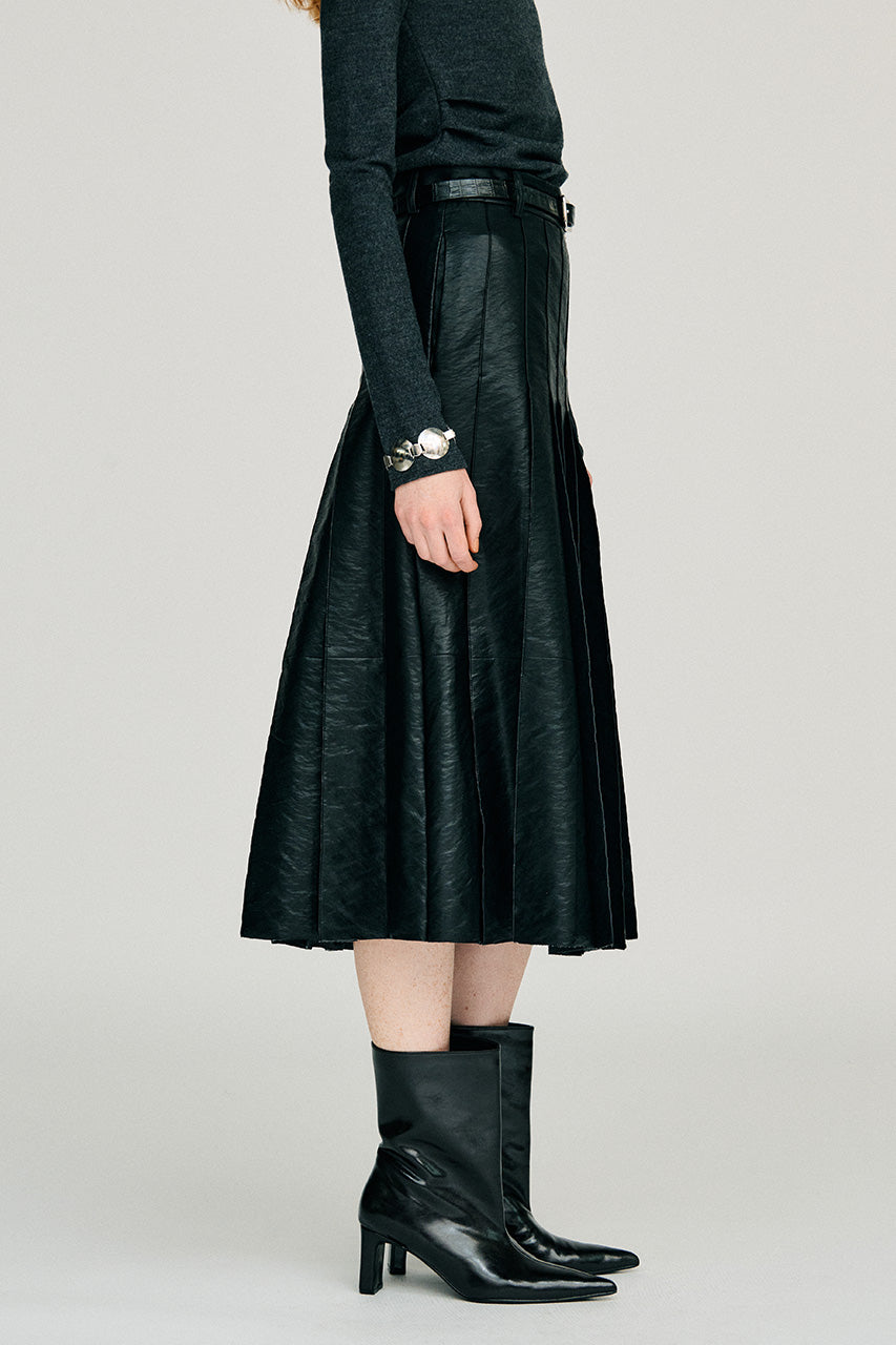 Synthetic Leather Pleated Skirt - 2026WINTER