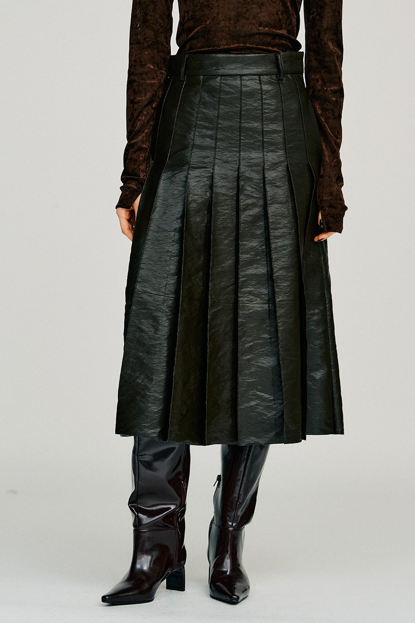 Synthetic Leather Pleated Skirt - 2026WINTER