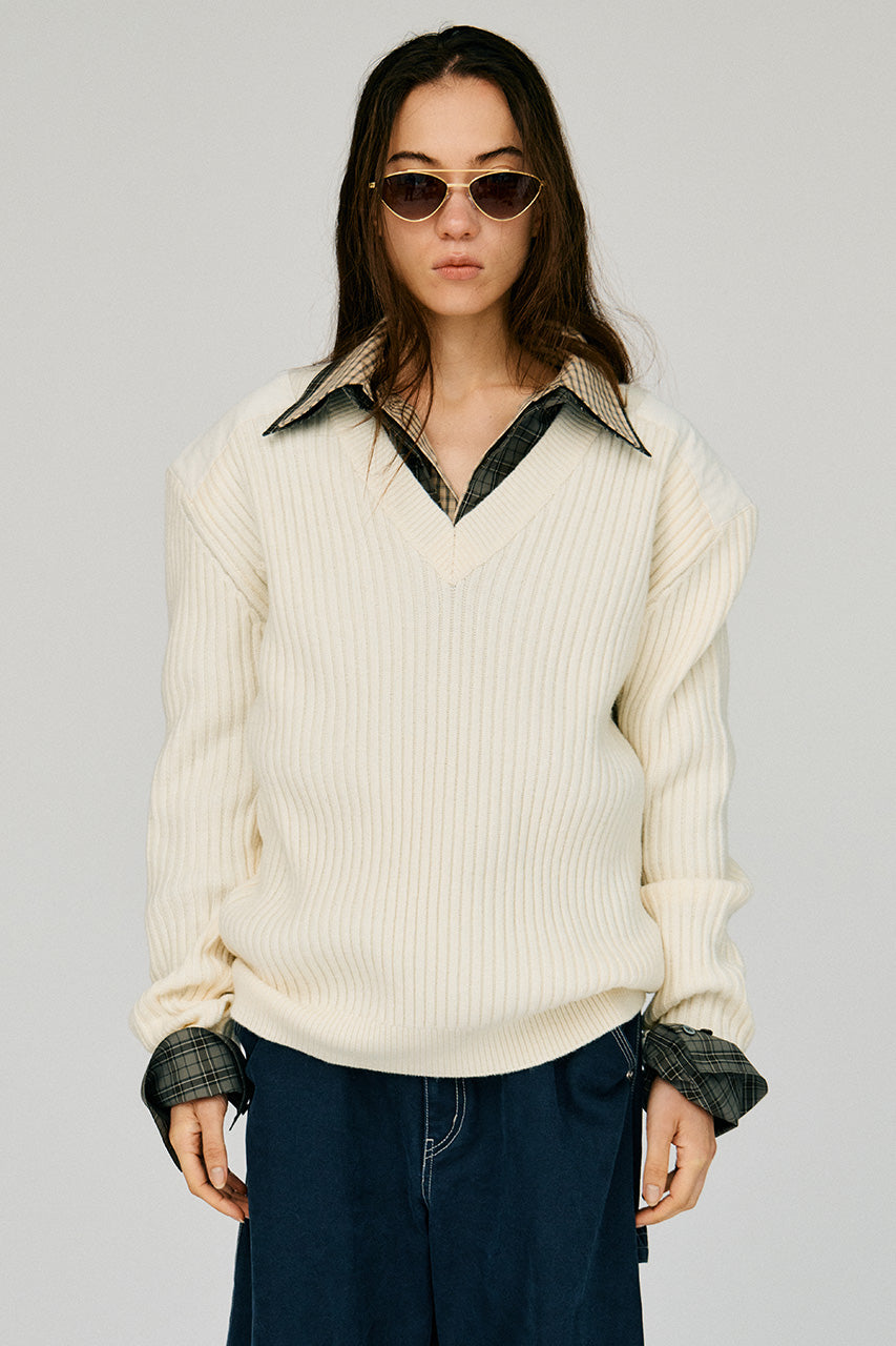 Shoulder Patch V-Neck Rib Knit - 2026WINTER