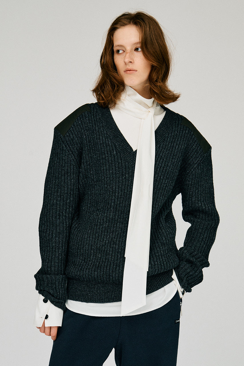 Shoulder Patch V-Neck Rib Knit - 2026WINTER