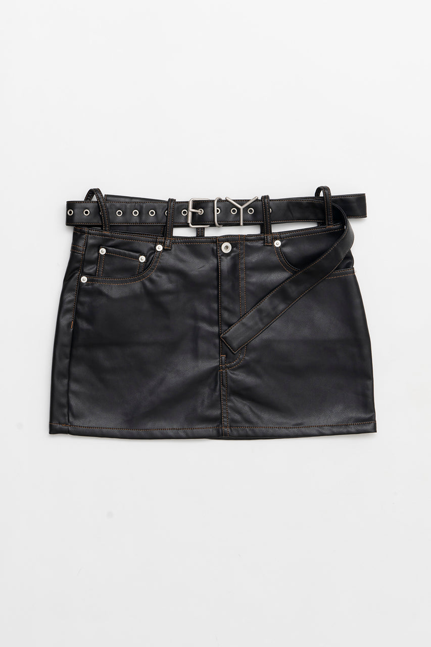 Y Belt Leather Mini Skirt