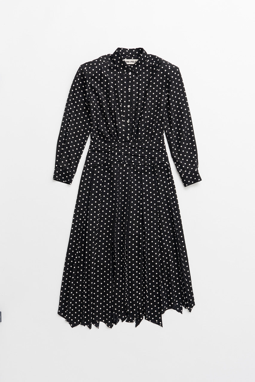 Asymmetrical Pleated Dot Dress - 2026AUTUMN