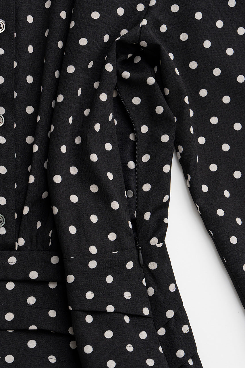 Asymmetrical Pleated Dot Dress - 2026AUTUMN