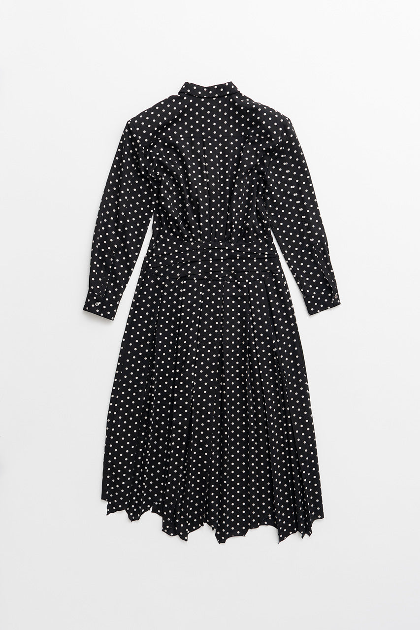 Asymmetrical Pleated Dot Dress - 2026AUTUMN