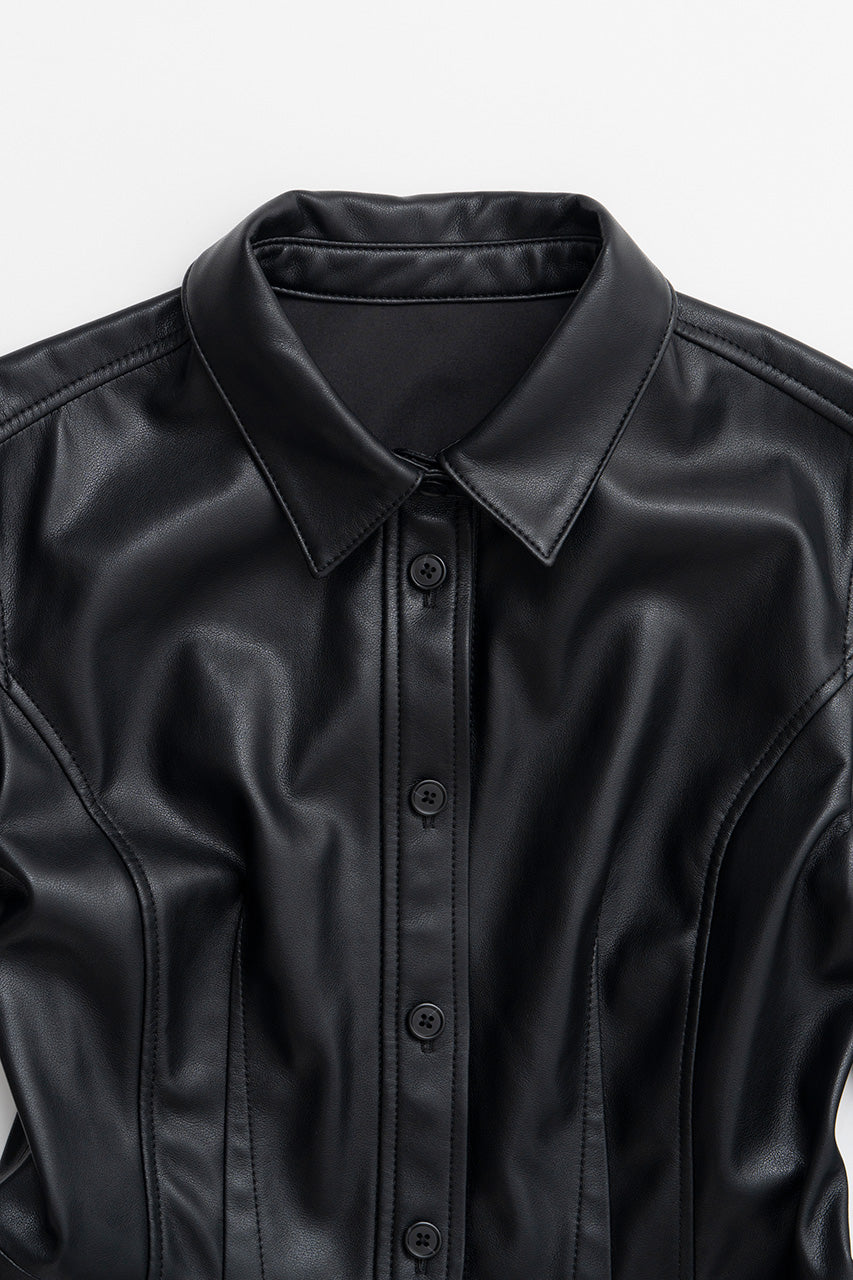 Faux Leather Peplum Shirt - 2026AUTUMN