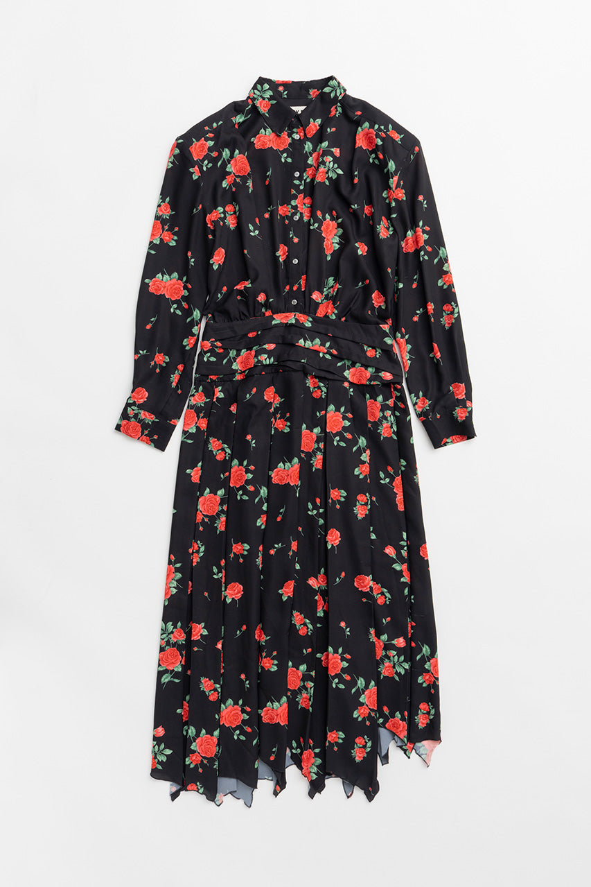 Asymmetrical Pleated Rose Dress - 2026AUTUMN