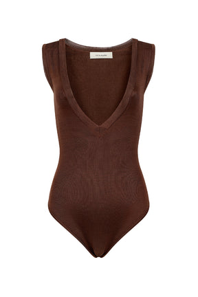 Deep V Neck Bodysuit Chocolate